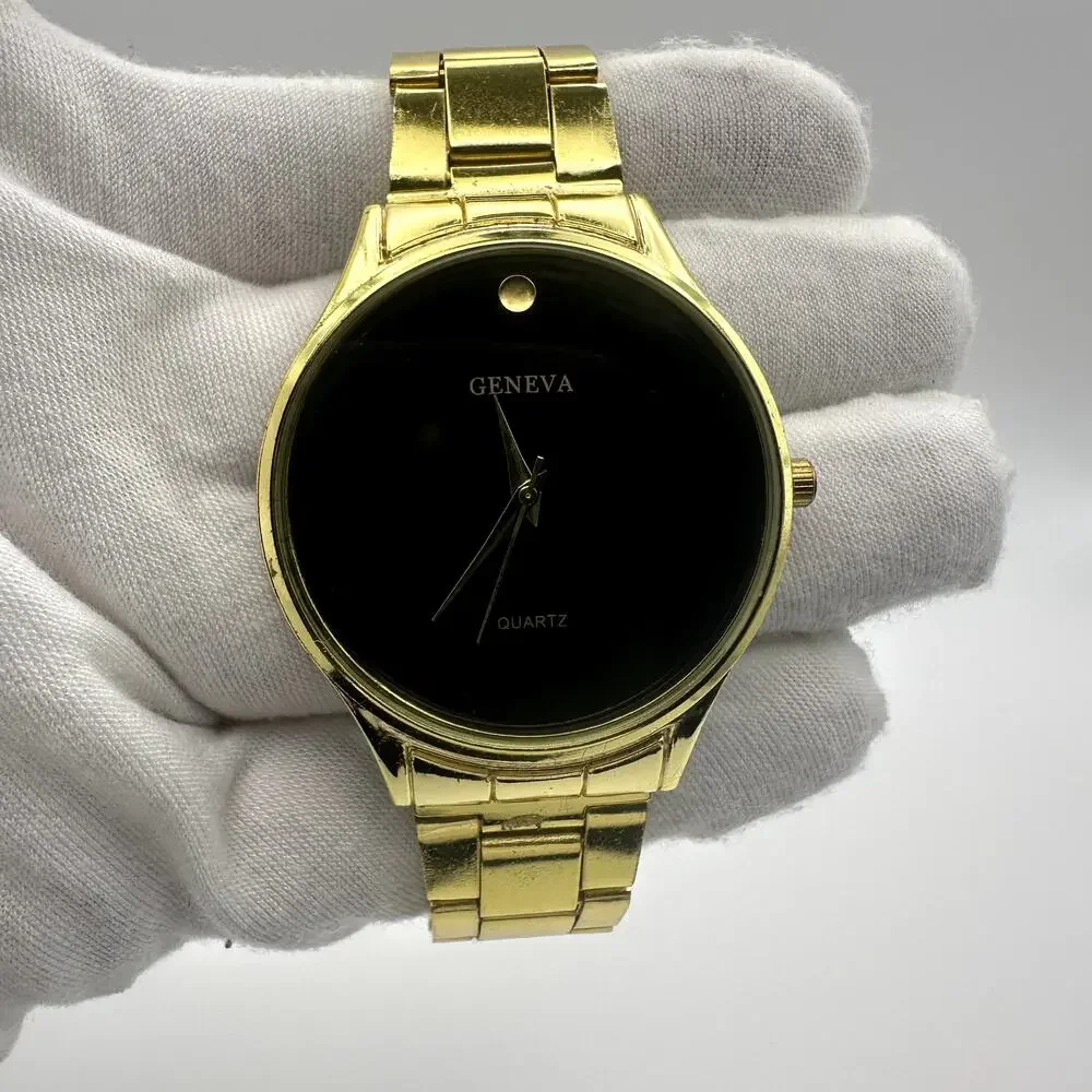 Geneva Gold Lightweight Tone Quartz Watch Black Minimalist Dial Metal Bracelet